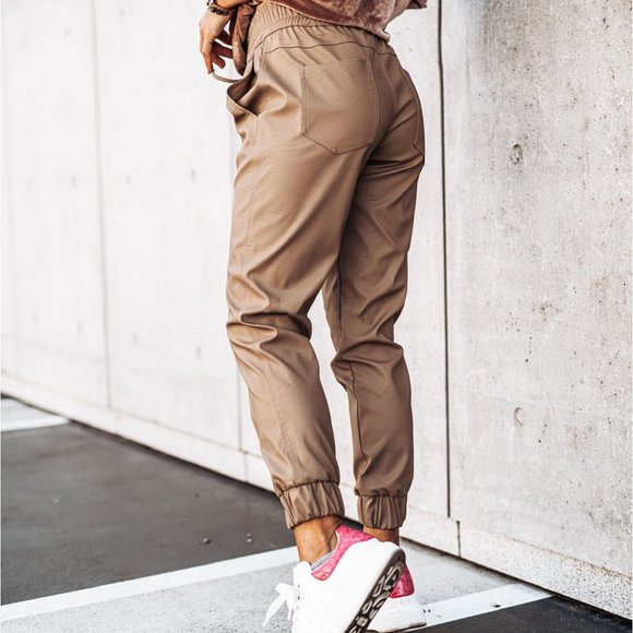 Pocketed Drawstring Faux Leather Joggers - Picture 3 of 4